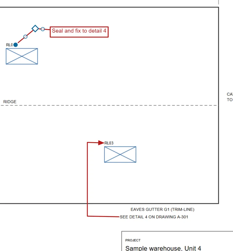 A roof plan. A red arrow starts beside the words "See detail 4", bends twice and ends with its head just beside the label RL03; each end sits just outside the words. Above, a note says "Seal and fix to detail 4" and its leader bends once on the way to the label RL02. The note is selected, so its handles show: a diamond on the bend, a filled dot on the tip, and a small circle in the middle of each stretch that makes a new bend when dragged.