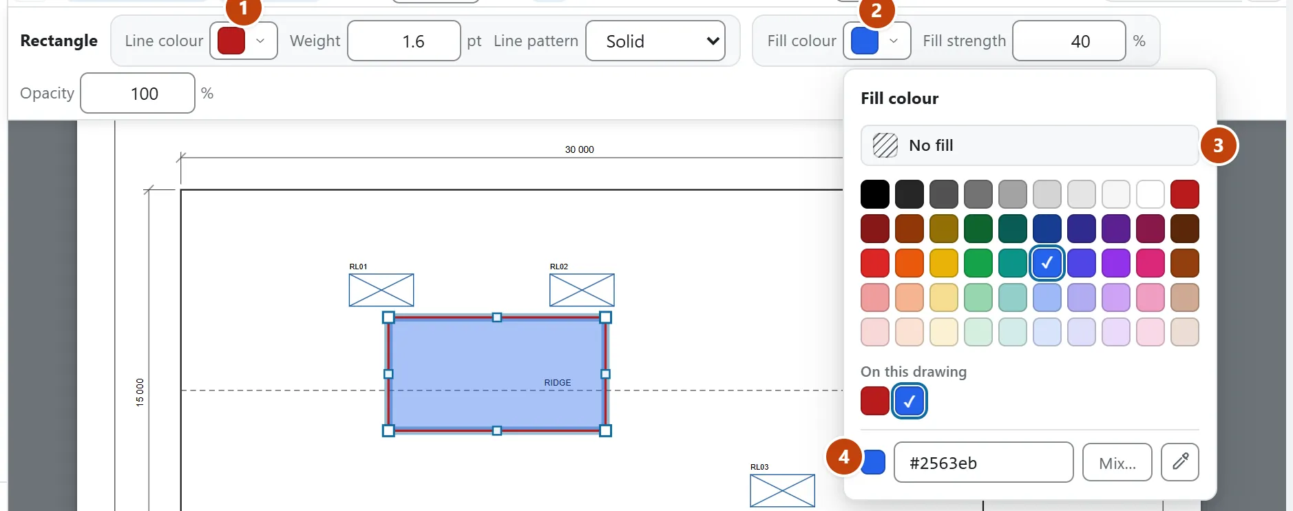The bar over a selected rectangle, showing Line colour, Weight, Line pattern, Fill colour, Fill strength and Opacity. The fill colour panel is open below it: a No fill button, then a grid of colours in rows from greys to pale tints with blue ticked, a row of colours used on this drawing, and a box showing the hex code 2563eb with Mix and an eyedropper.