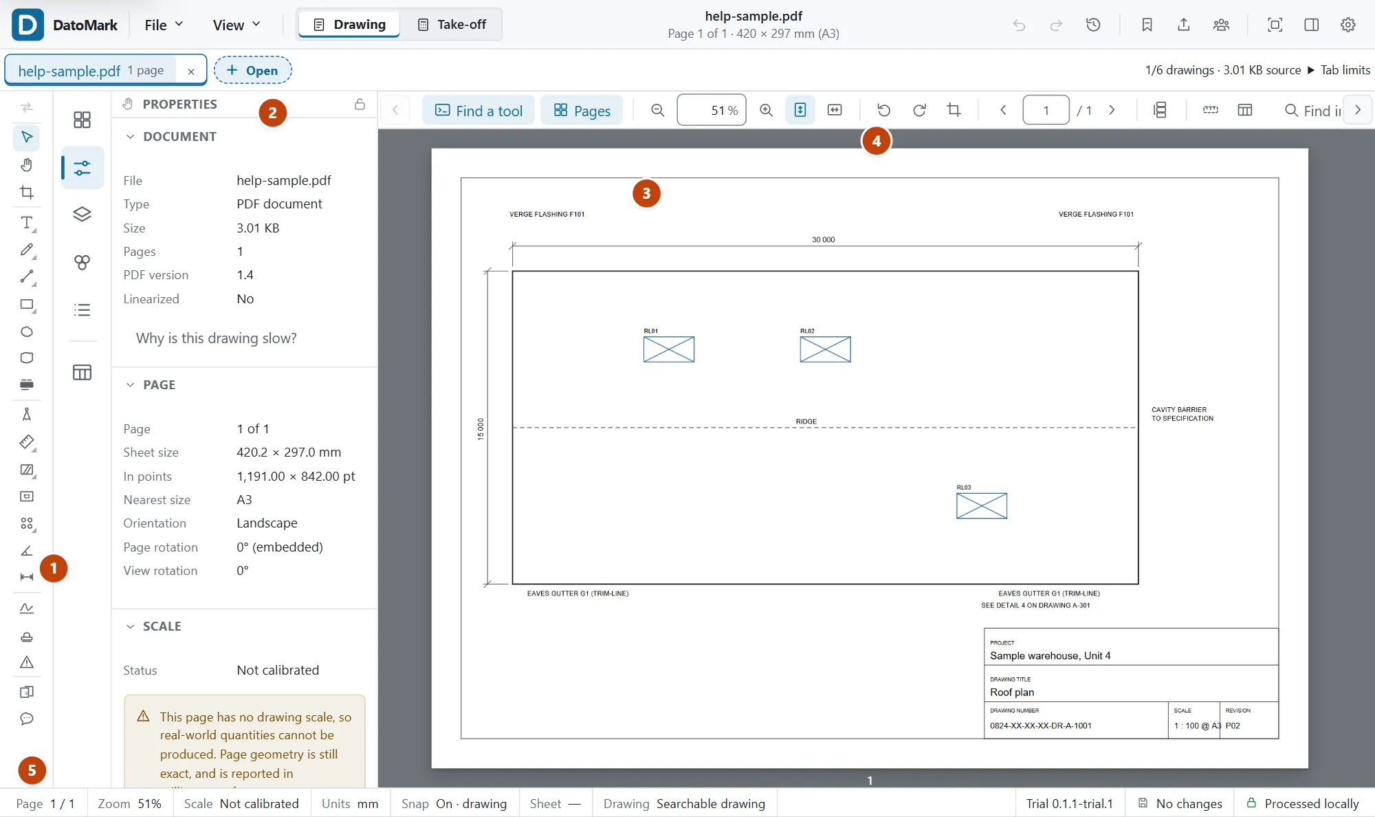 The DatoMark window with five places numbered: 1 the tool rail down the left edge, 2 the panel beside it (Properties is open, with Pages, Layers, Groups and Contents a click away), 3 the drawing, 4 the toolbar above the drawing and 5 the status bar along the bottom.