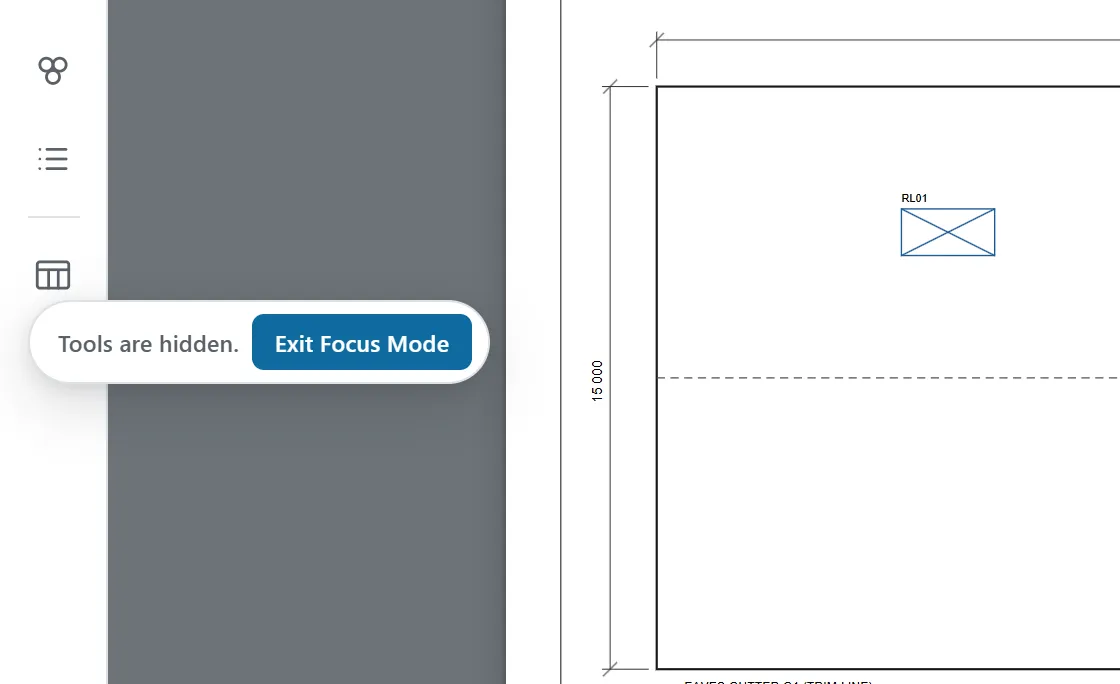The left edge of a drawing in Focus mode: the tool rail is gone, and beside the narrow strip of panel buttons a small rounded note says Tools are hidden, with an Exit Focus Mode button.