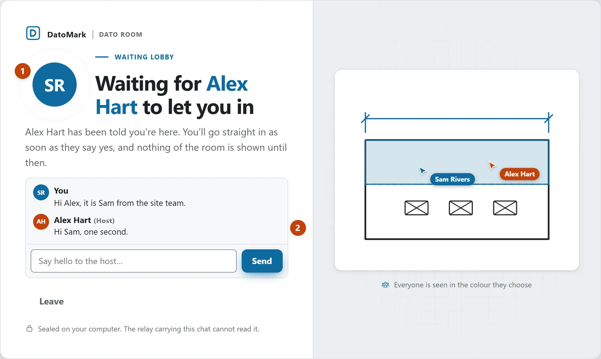 The waiting lobby: a round SR badge with a pulsing ring and the words Waiting for Alex Hart to let you in, a short chat with Sam Rivers saying hello and Alex Hart (Host) replying one second, a box to type a message and a Leave button. On the right the same little sheet with two pointers.
