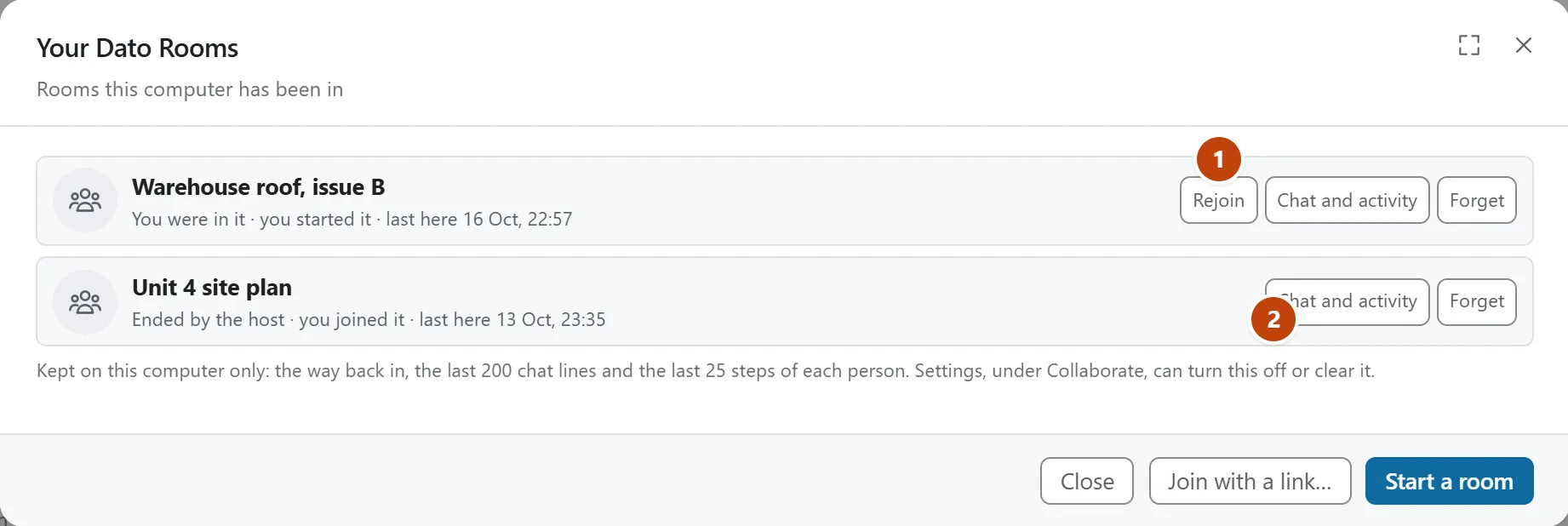 The Your Dato Rooms list with two rooms. The first, Warehouse roof issue B, says you were in it and started it, with Rejoin, Chat and activity and Forget buttons. The second, Unit 4 site plan, says it was ended by the host and has Chat and activity and Forget only.